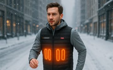 Commuter walking briskly through a snowy city street, wearing a sleek heated vest