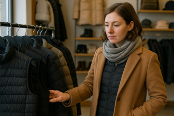 A thoughtful adult browsing a heated vest rack in a retail store, looking slightly unsure.