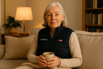 Senior sitting on a sofa at home, wearing a heated vest and reading comfortably.