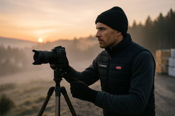 Photographer wearing a heated vest, taking sunrise shots in a foggy, cold landscape.