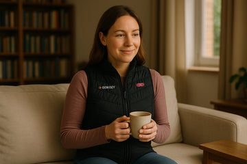 A Caucasian woman in her 30s sitting on a sofa indoors, wearing a heated vest over casual clothes, holding a mug of tea with a relaxed smile.