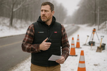 Outdoor worker wearing heated vest in snow, with alert expression and eyes fully open.