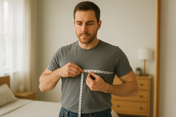 A Caucasian man in his 30s standing in front of a mirror, using a tape measure around his chest while wearing a t-shirt, with a focused expression.