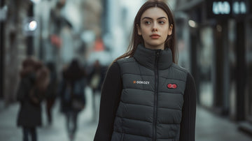 A woman wearing a GOKOZY heated gilet while walking down the street