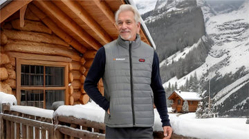 Old Man wearing GOKOZY heated gilet standing in front of a log cabin in a snowy mountain landscape