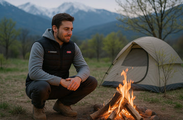 Person wearing a heated vest sitting by a campfire at a spring campsite, with mountains in the background