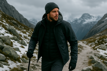 Person hiking on a snowy mountain trail wearing a heated vest under a shell jacket, looking focused and comfortable in cold, high-altitude conditions.