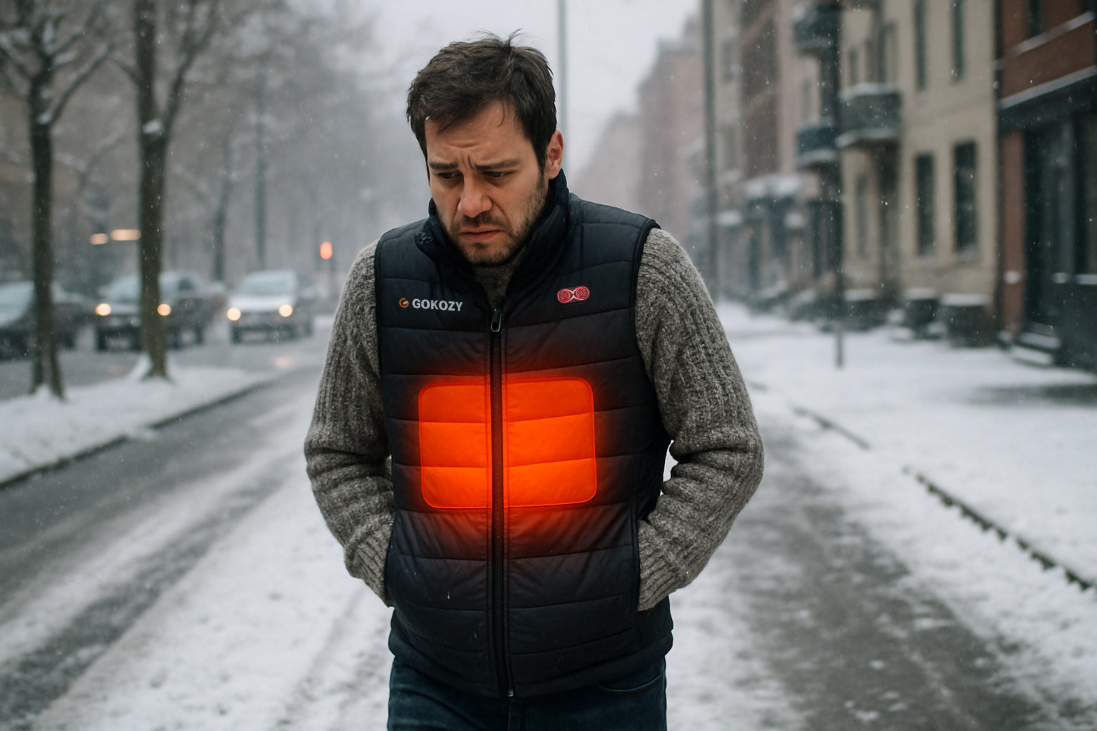 A man walking in a snowy urban street wearing a heated vest over a bulky sweater with no jacket, looking cold and uncomfortable.