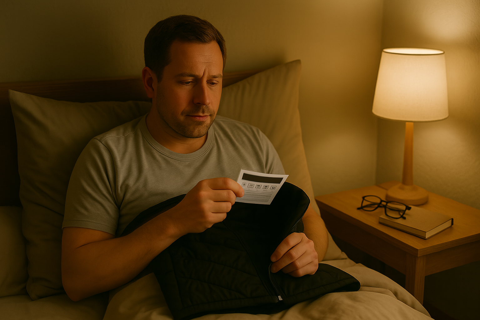 A man lying in bed on his back, holding a heated vest and reading instructions with a thoughtful expression.