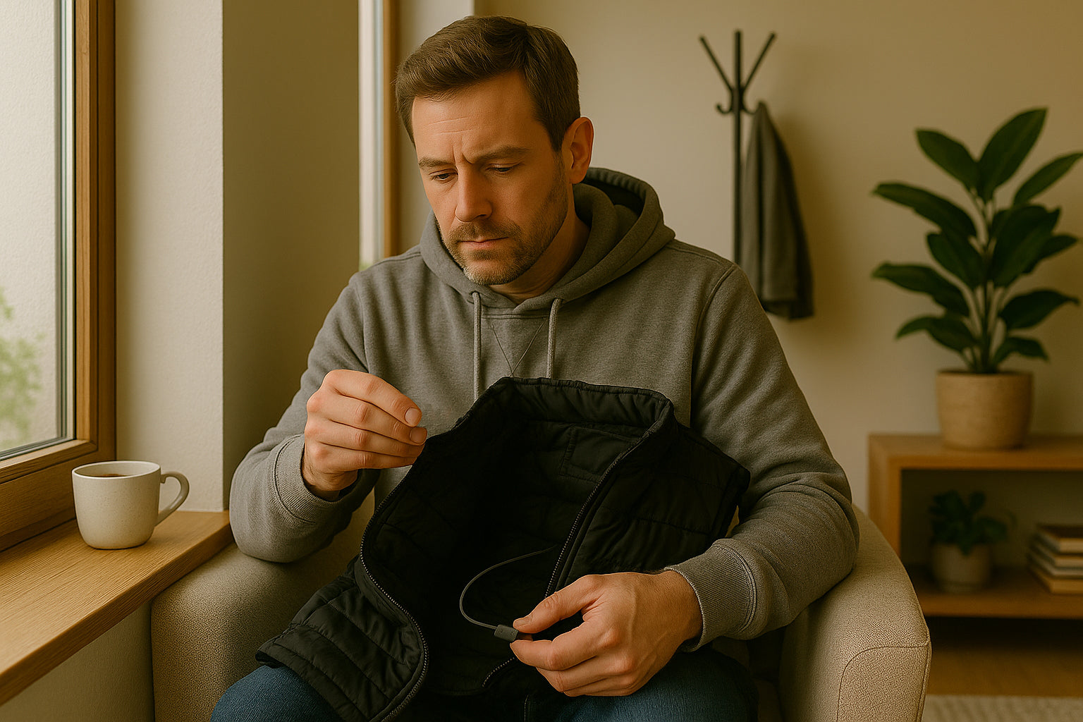 A man inspecting the power cable of his heated vest near a window.