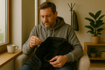 A man inspecting the power cable of his heated vest near a window.
