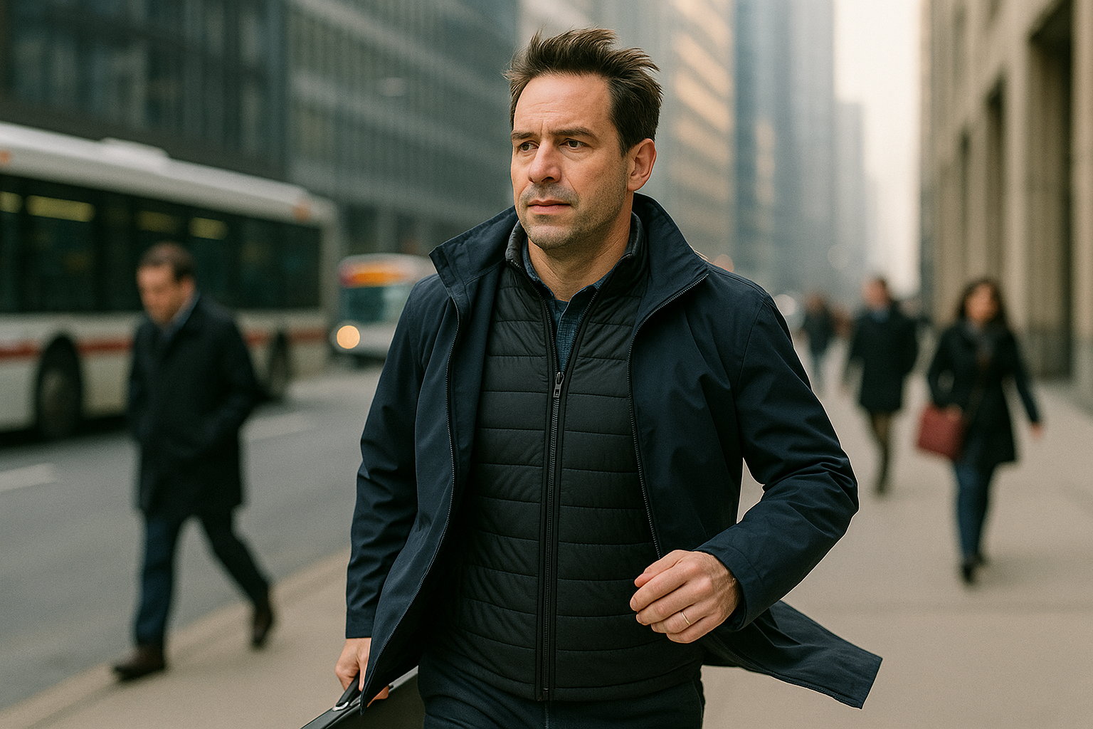 A Caucasian man in his 40s commuting on a windy morning, wearing a heated vest under a shell jacket and carrying a briefcase.