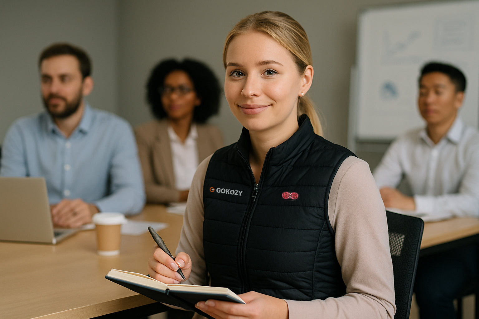 A Caucasian woman in her late 20s wearing a heated vest during a team meeting, smiling slightly while holding a notebook.