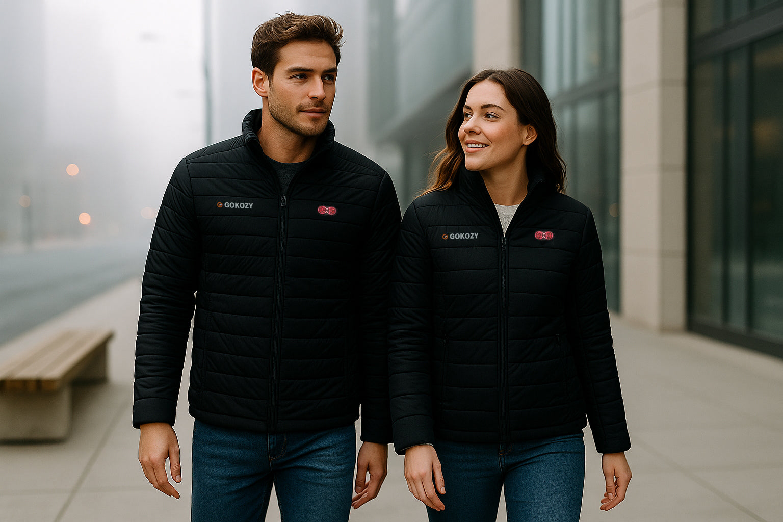 Man and woman walking in the city wearing slim heated jackets with casual urban outfits.