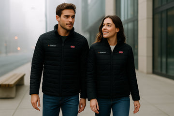 Man and woman walking in the city wearing slim heated jackets with casual urban outfits.