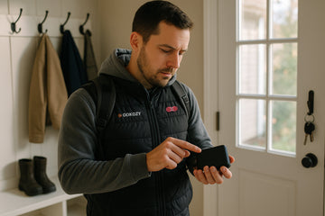  A man checking the battery level on his heated vest before heading outdoors.