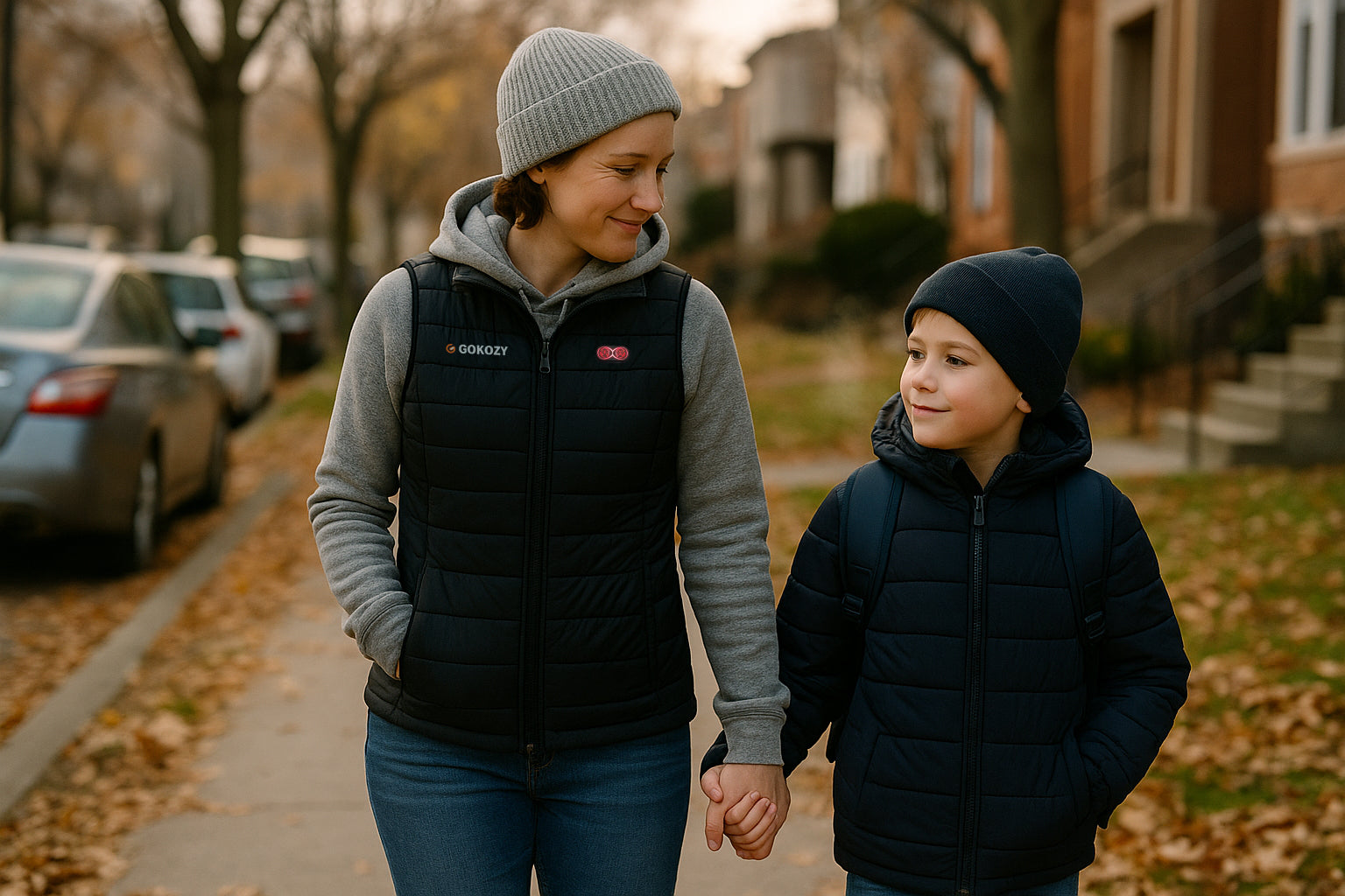 A parent in a heated vest walking with their child to school on a chilly morning, both smiling naturally.