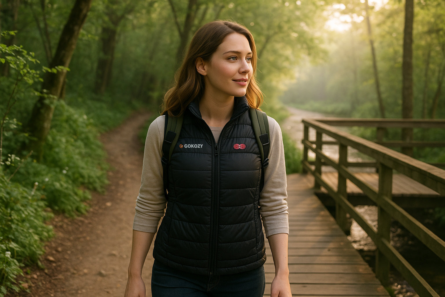 Person wearing a heated vest on a cool spring morning hike with greenery around.