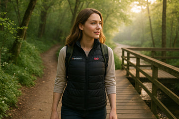 Person wearing a heated vest on a cool spring morning hike with greenery around.