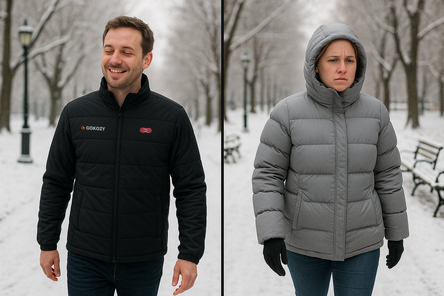 Two people walking in winter—one in a heated jacket, one in a down jacket—eyes open and casually moving outdoors.