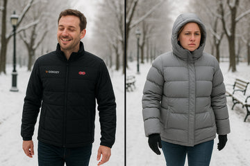 Two people walking in winter—one in a heated jacket, one in a down jacket—eyes open and casually moving outdoors.