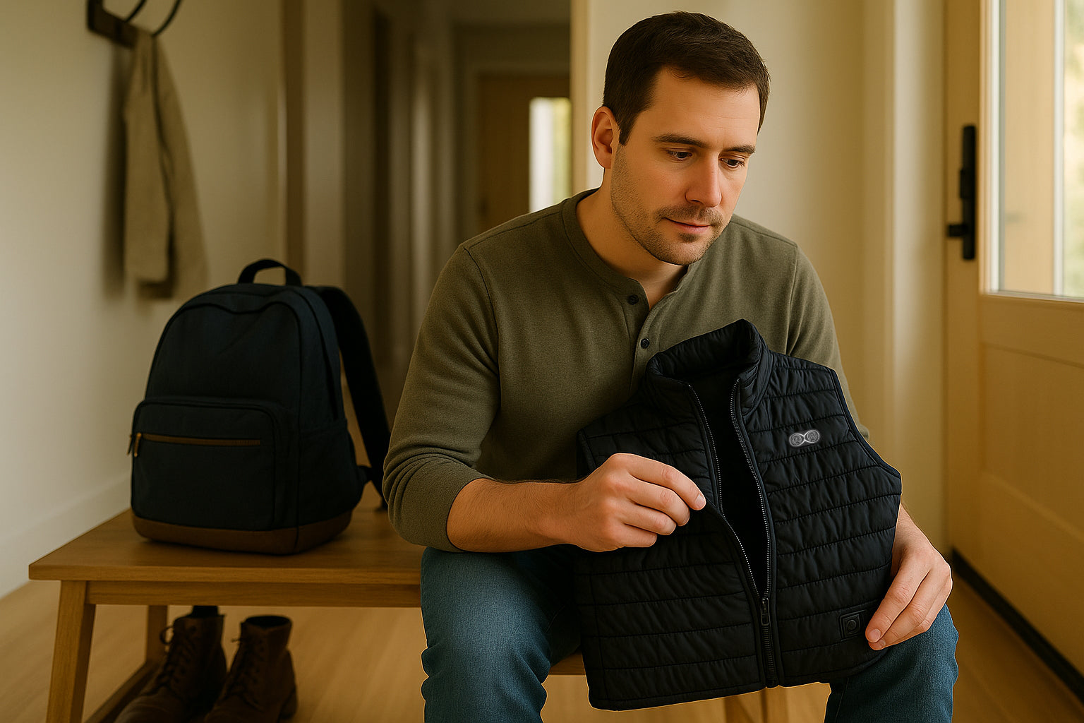 A man inspecting the battery port of his heated vest.