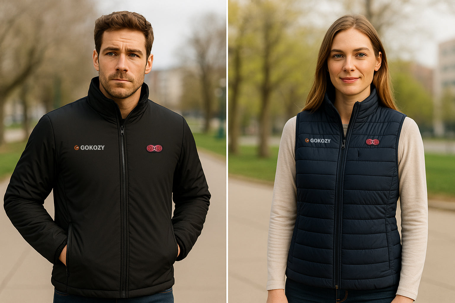 Side-by-side comparison of a heated jacket and heated vest worn by two people.