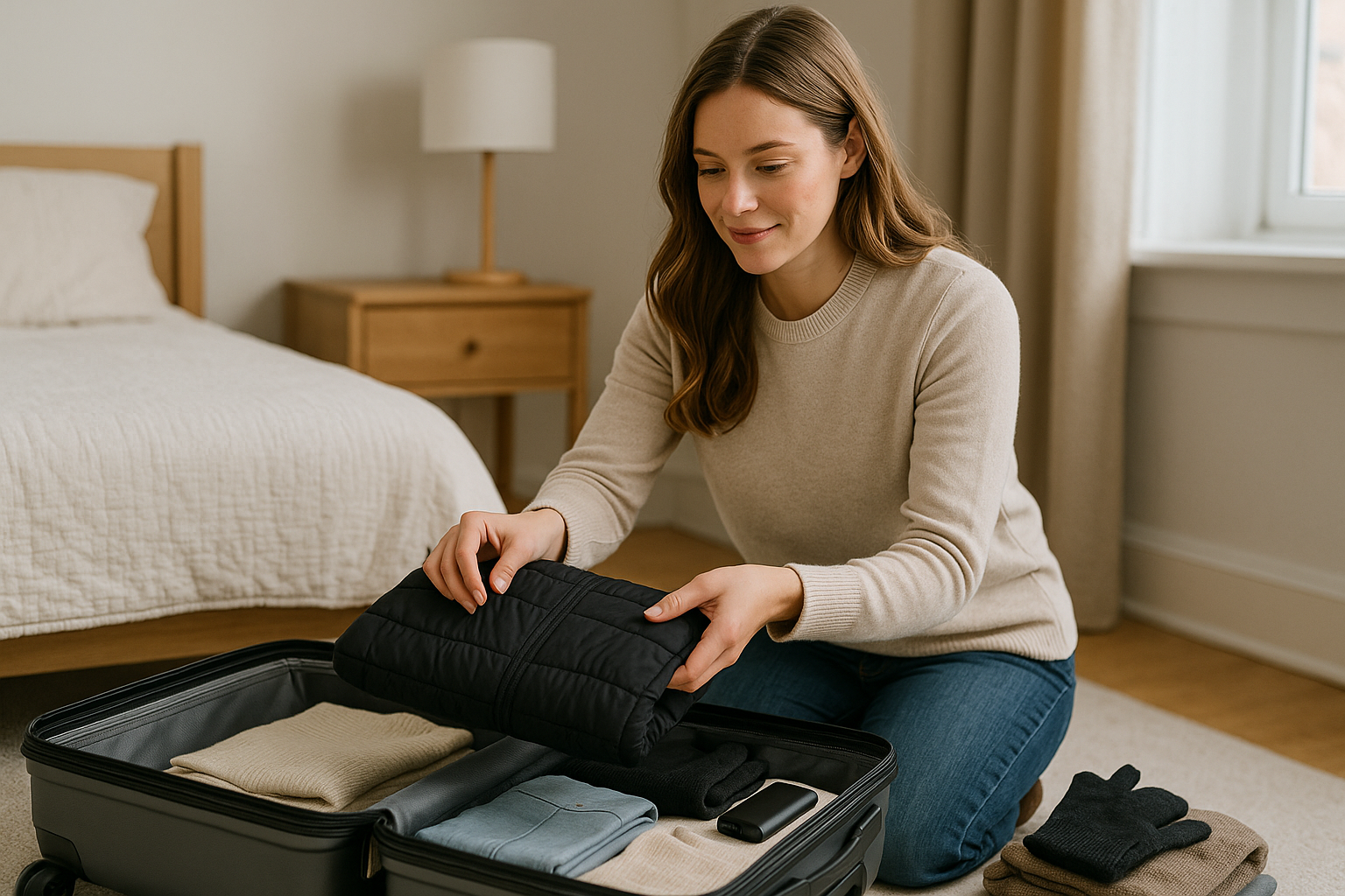 Woman packing heated vest into suitcase with open eyes and focused expression. Natural posture.