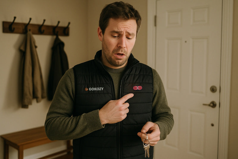 A Caucasian man in his 30s realizing he forgot to turn off his heated vest while leaving home, holding his keys with a surprised expression.