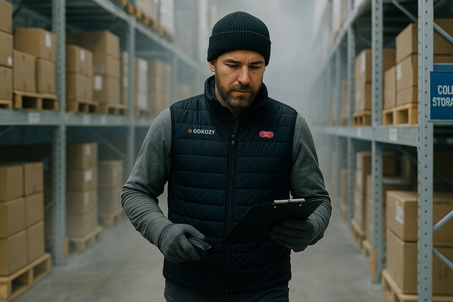 Worker walking through a cold storage room in a heated vest, surrounded by visible cold air and inventory shelves.