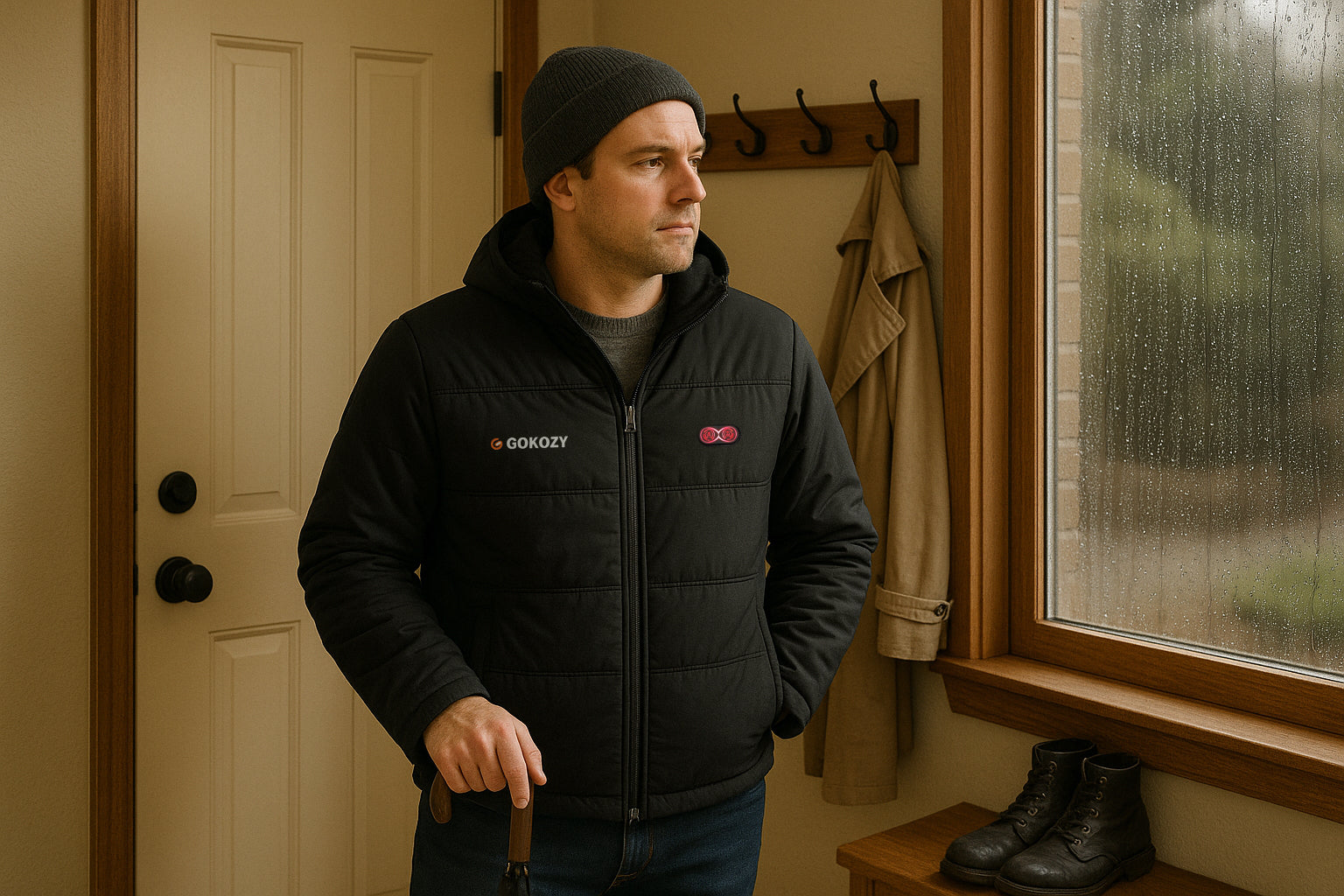 A man wearing a heated jacket looking out a window at light rain before heading outside.
