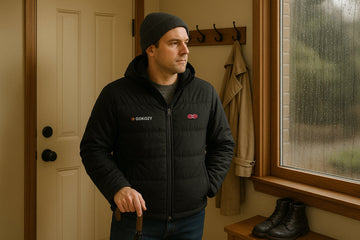 A man wearing a heated jacket looking out a window at light rain before heading outside.