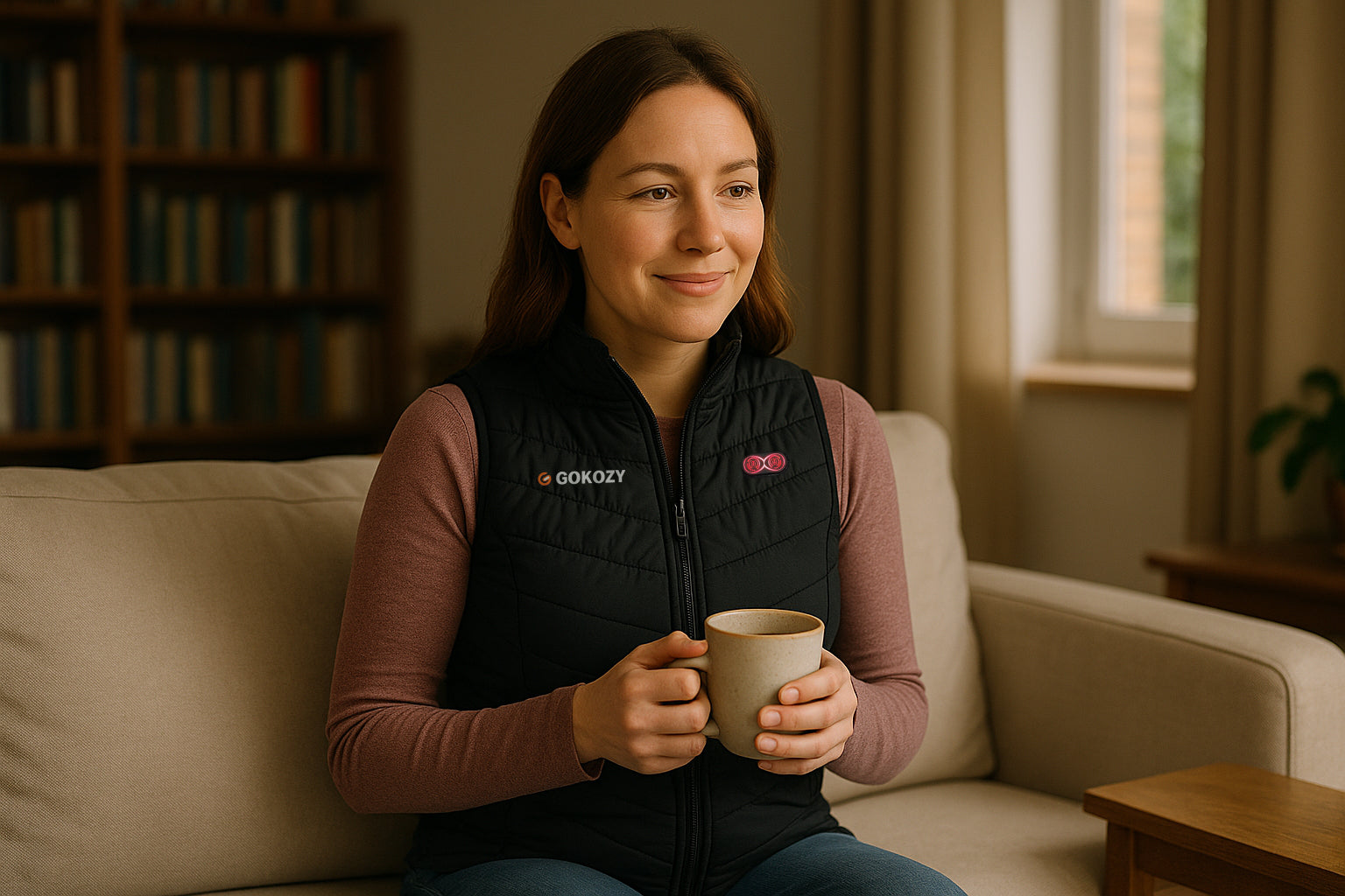 A Caucasian woman in her 30s sitting on a sofa indoors, wearing a heated vest over casual clothes, holding a mug of tea with a relaxed smile.