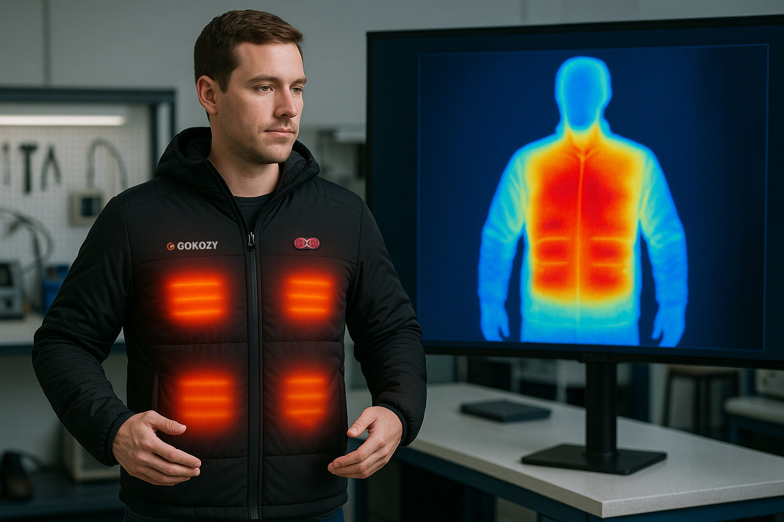 Man in lab testing heated jacket with thermal imaging, eyes open and focused.
