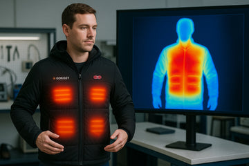 Man in lab testing heated jacket with thermal imaging, eyes open and focused.