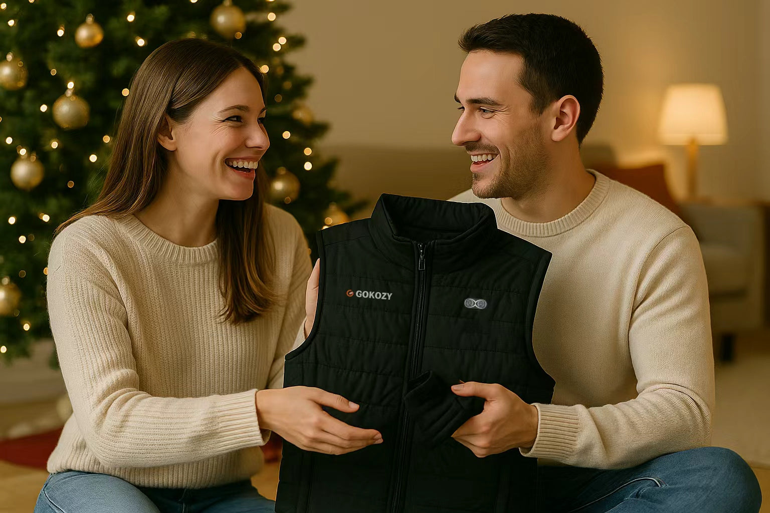 Couple exchanging a heated vest gift by the Christmas tree, smiling with eyes open and genuine emotion.