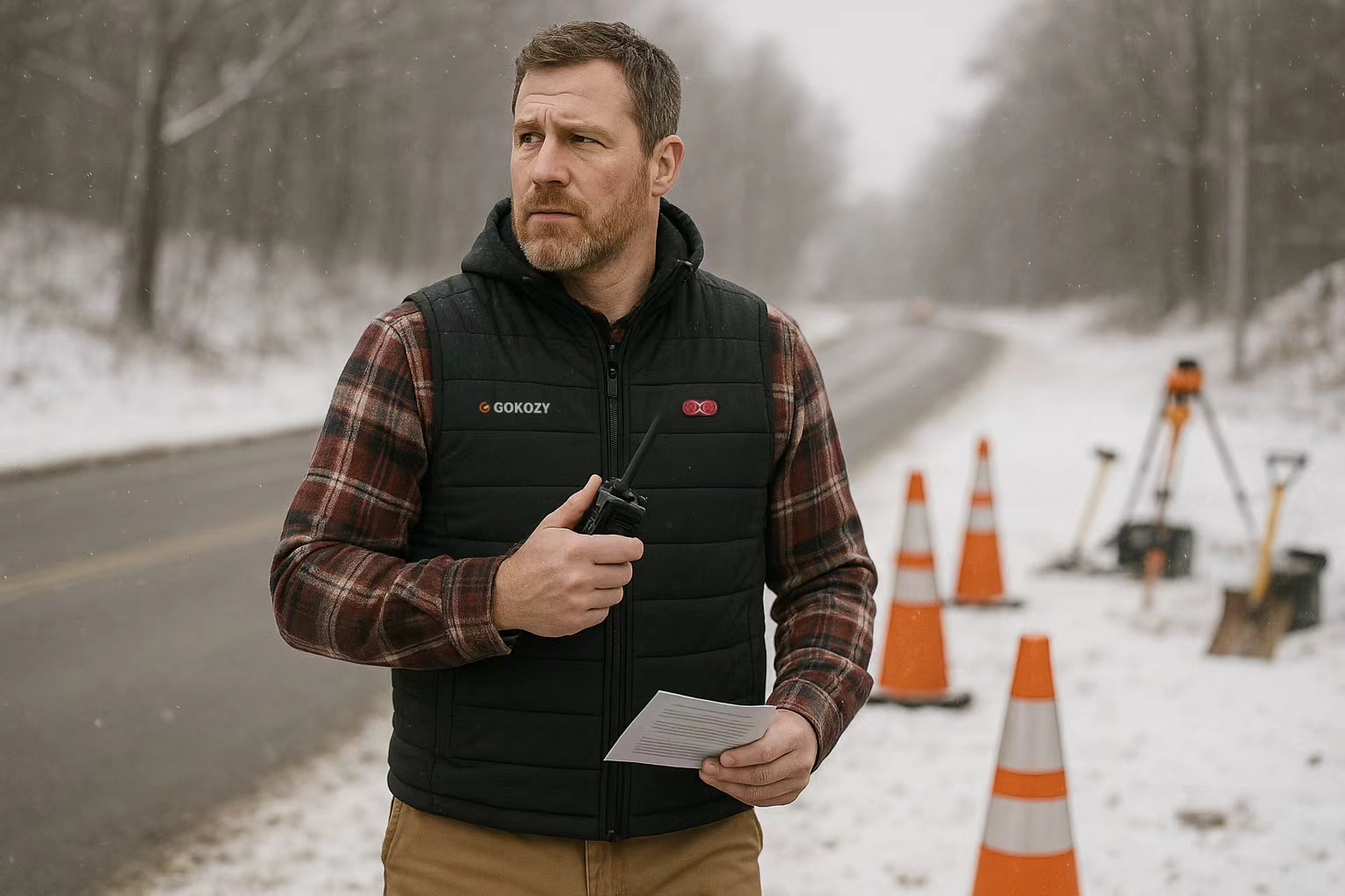 Outdoor worker wearing heated vest in snow, with alert expression and eyes fully open. 
