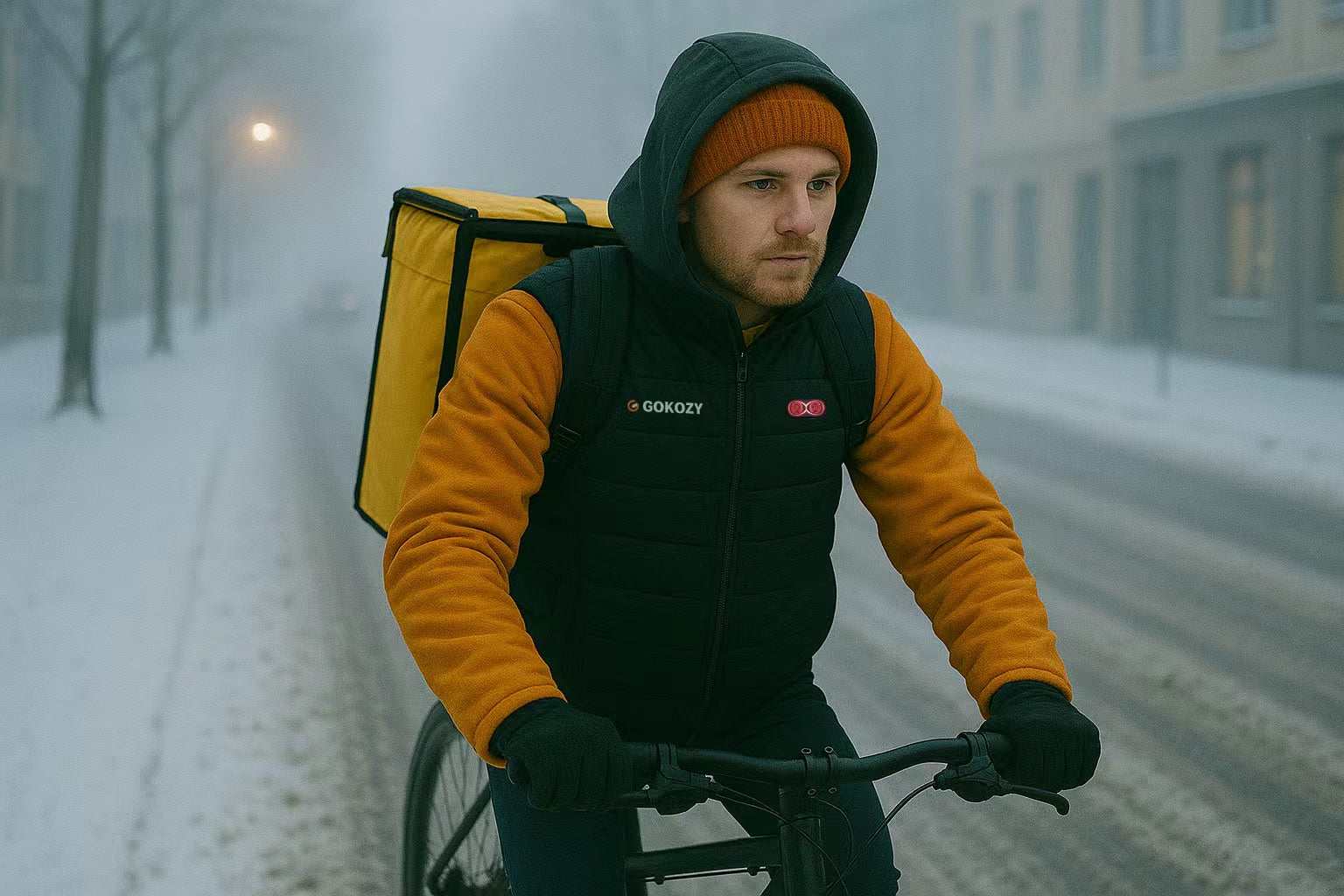 A young delivery rider wearing a black heated vest over an orange hoodie cycling through a snowy street on a cold winter morning.