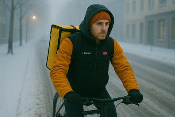 A young delivery rider wearing a black heated vest over an orange hoodie cycling through a snowy street on a cold winter morning.