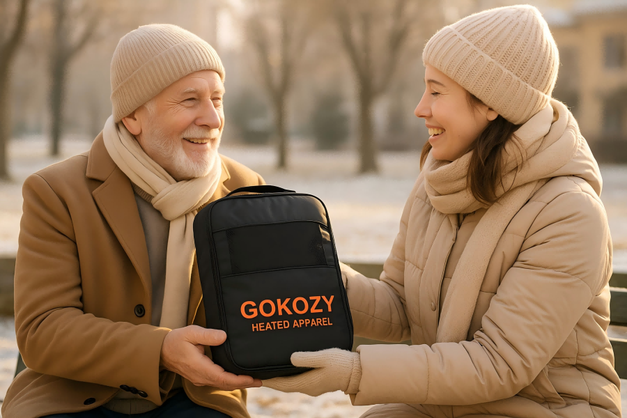 A woman giving a GOKOZY heated vest to her elderly father as a thoughtful winter gift.