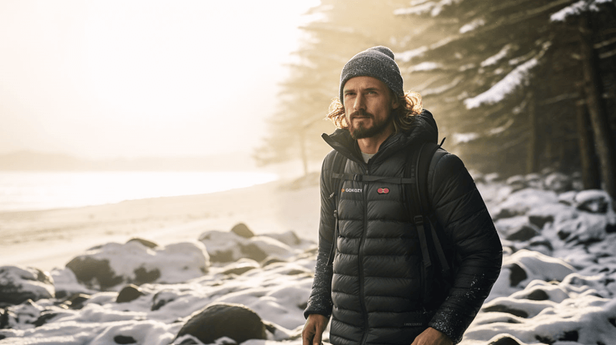 A man wearing a GOKOZY heated jacket by a snowy lakeshore