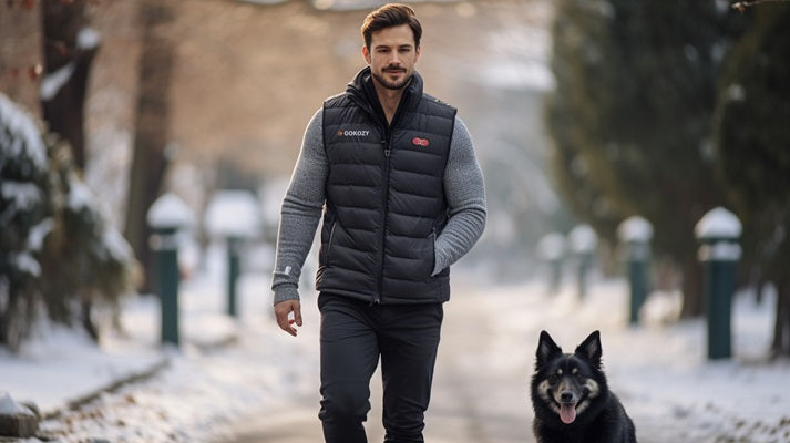 Man in gokozy heated vest walking dogs