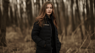 a woman wearing a Gokozy heated jacket in an autumn forest