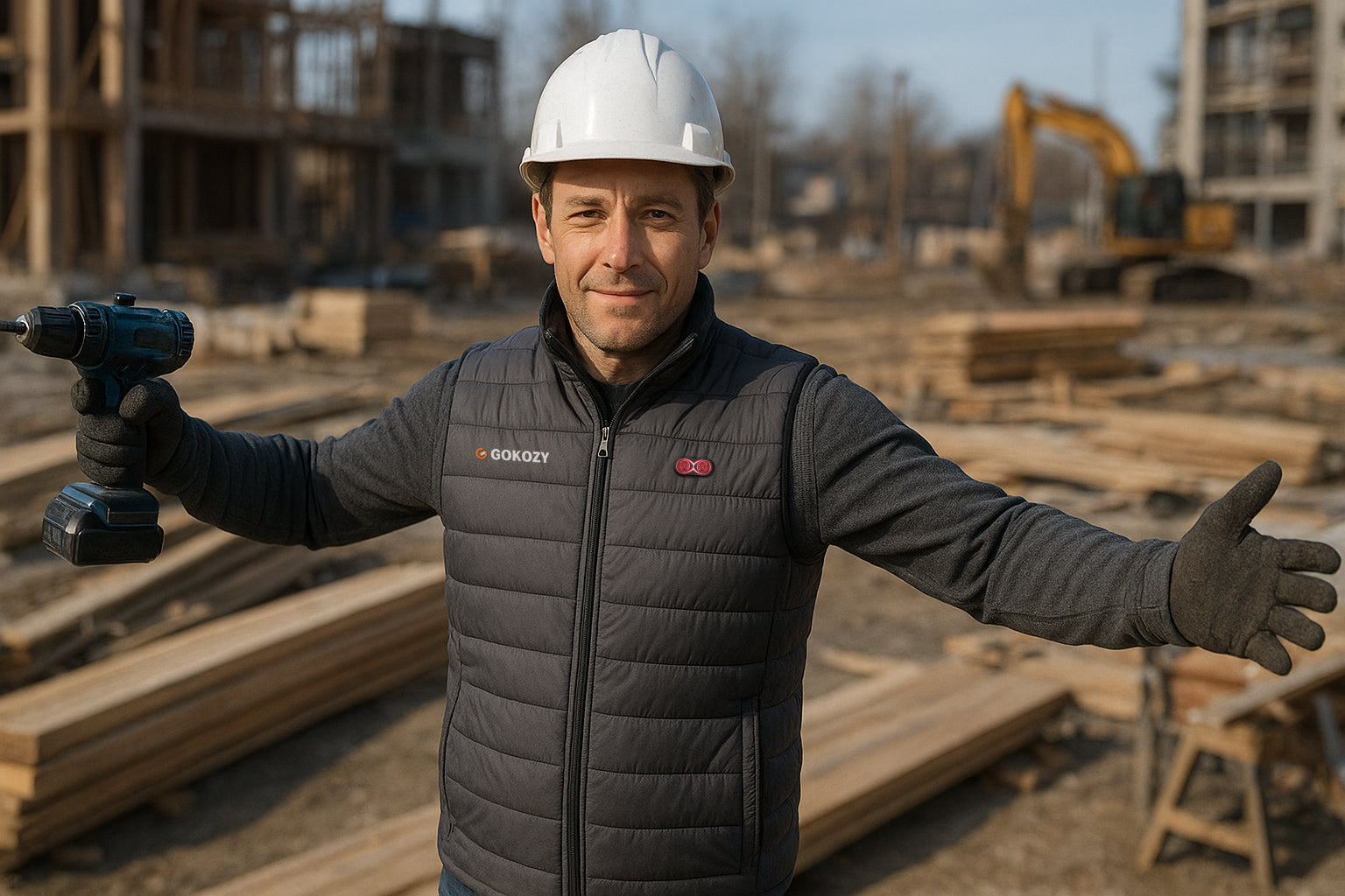  A smiling Caucasian male construction worker on a site, wearing a safety vest over a black heated vest, naturally talking to a colleague, his eyes are open and engaged.