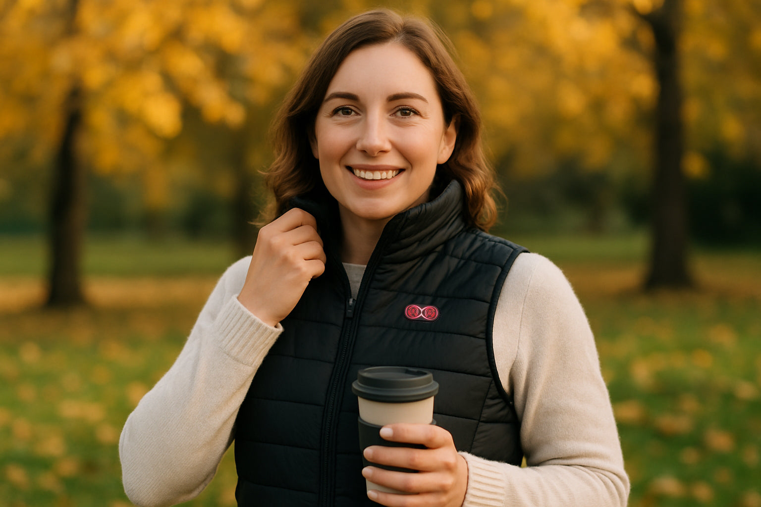 Woman in a heated vest enjoying autumn outdoors with a reusable coffee cup.
