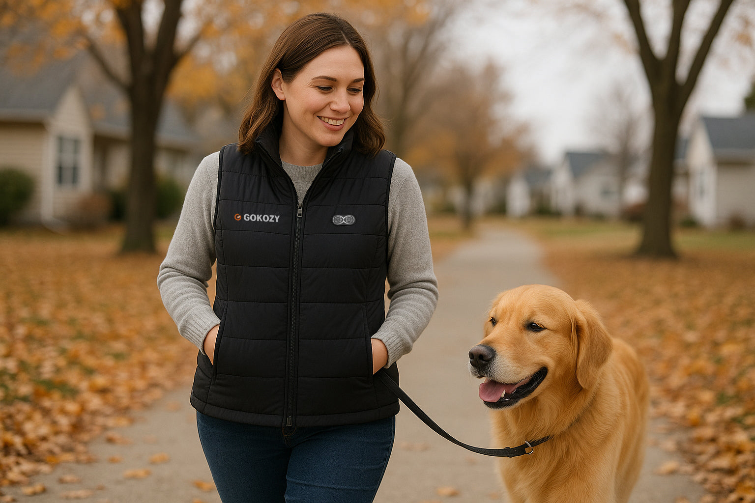 A Caucasian woman wearing a heated vest outdoors on a chilly day, walking her dog without using the heating function.