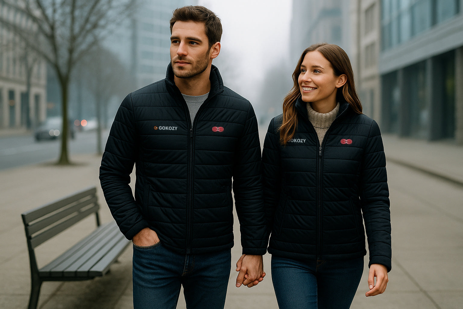 Couple walking together in the city wearing heated jackets