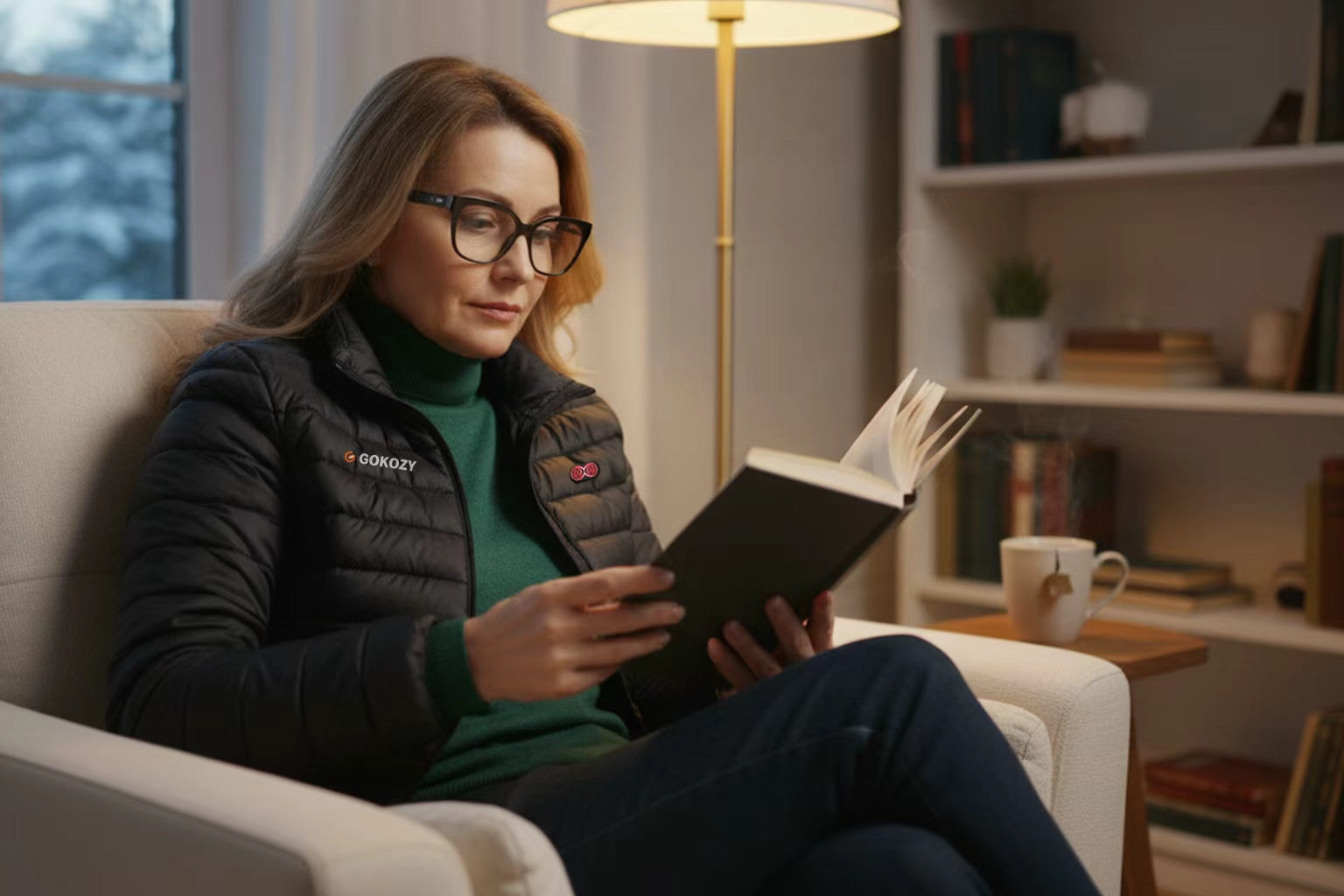 A Caucasian woman in her 50s sits comfortably in a cozy armchair reading a book, wearing a black heated jacket, her eyes are open and she looks thoroughly relaxed and free of tension.