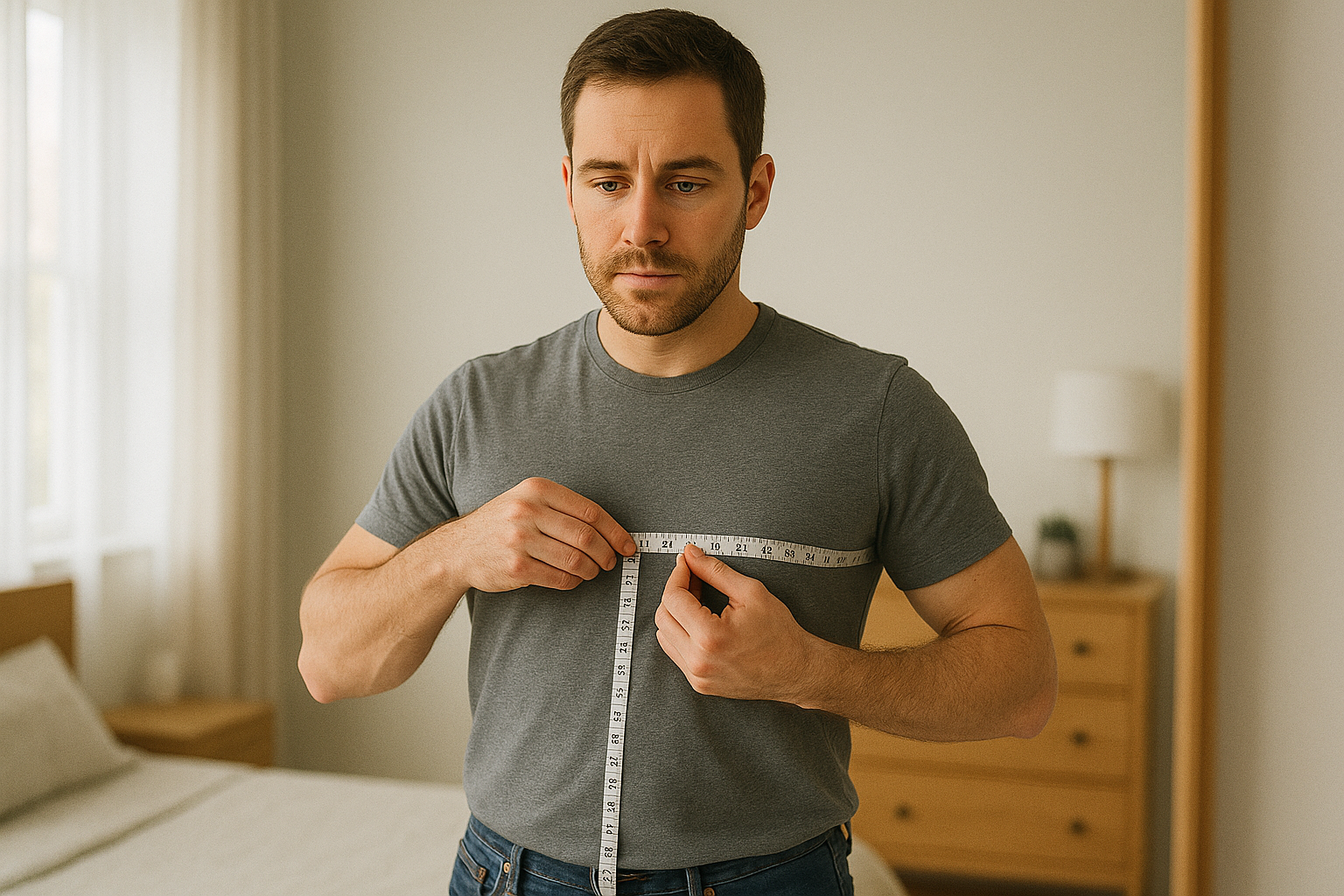A Caucasian man in his 30s standing in front of a mirror, using a tape measure around his chest while wearing a t-shirt, with a focused expression.