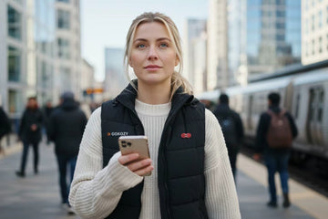 A woman wearing a sleek black heated vest commutes through a city street.